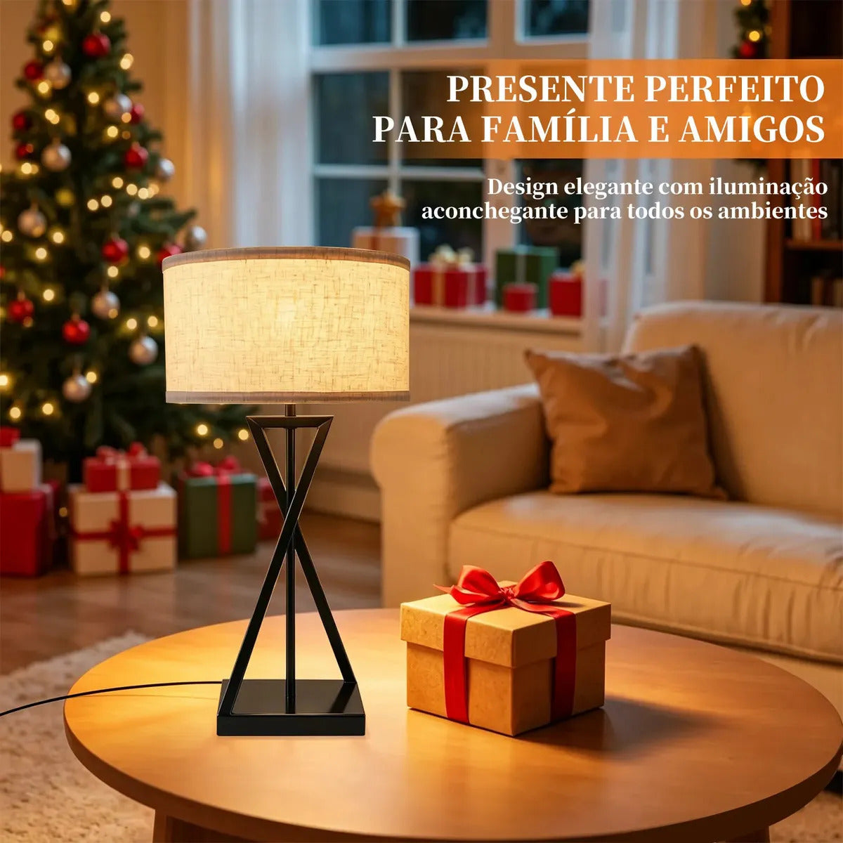 Abajur de Mesa Preto com Cúpula de Tecido e Base em X