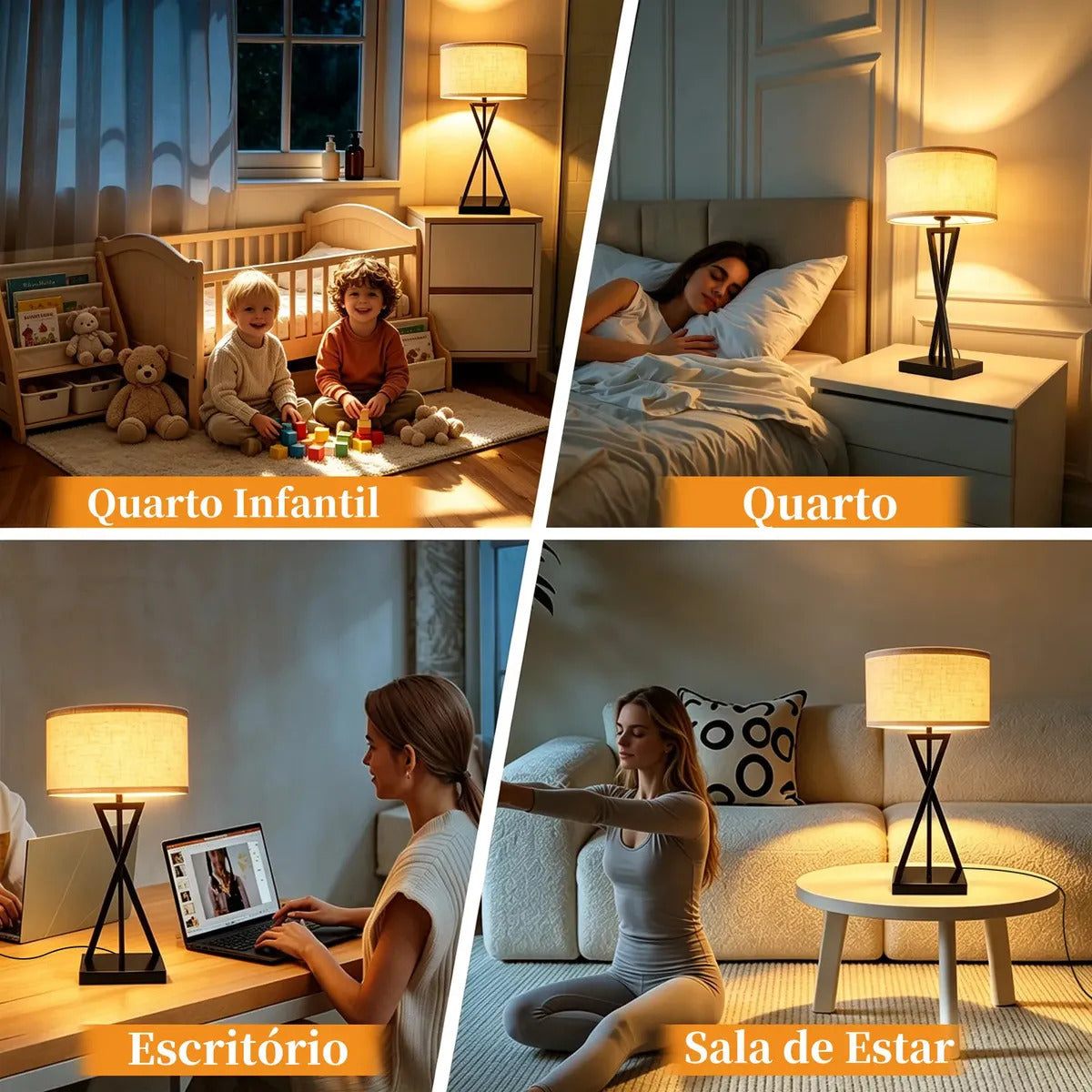 Abajur de Mesa Preto com Cúpula de Tecido e Base em X