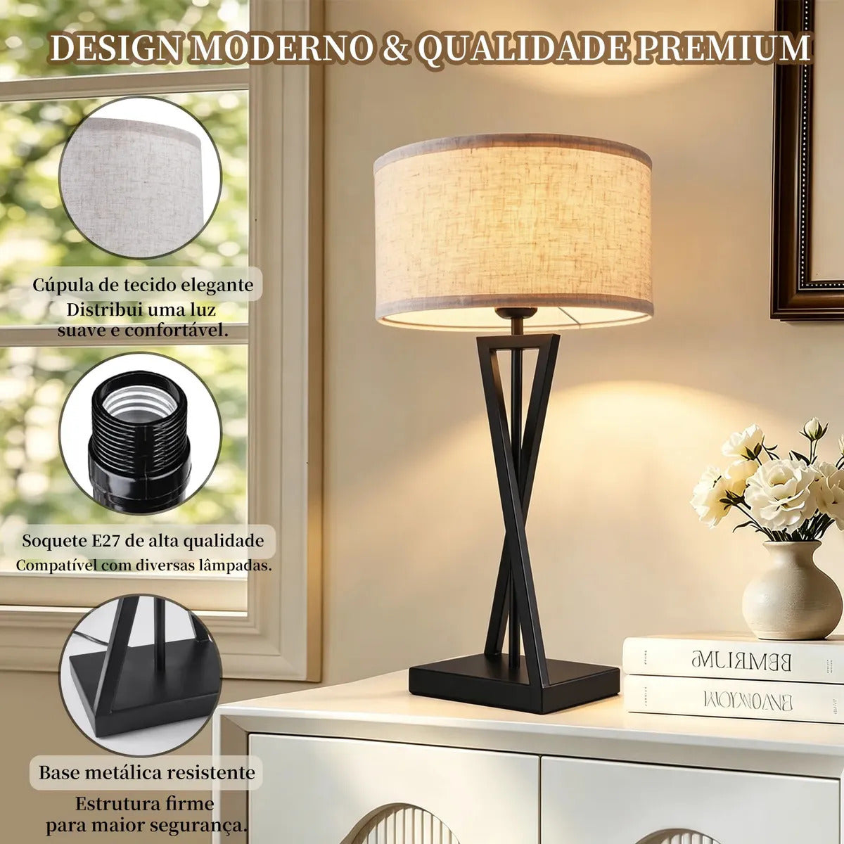 Abajur de Mesa Preto com Cúpula de Tecido e Base em X