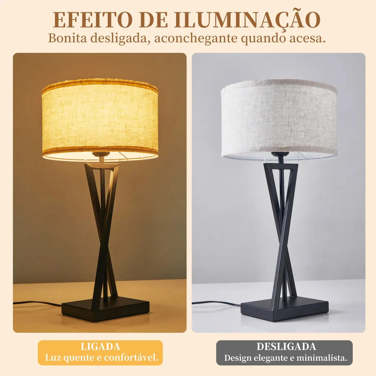 Abajur de Mesa Preto com Cúpula de Tecido e Base em X