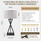 Abajur de Mesa Preto com Cúpula de Tecido e Base em X