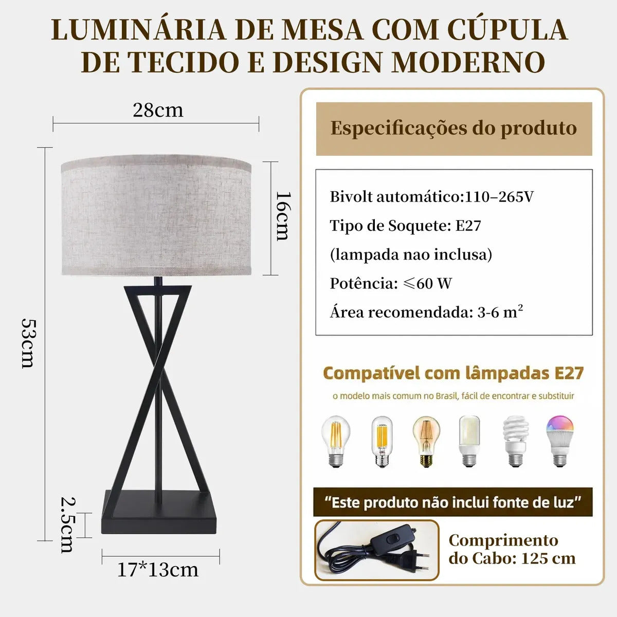 Abajur de Mesa Preto com Cúpula de Tecido e Base em X