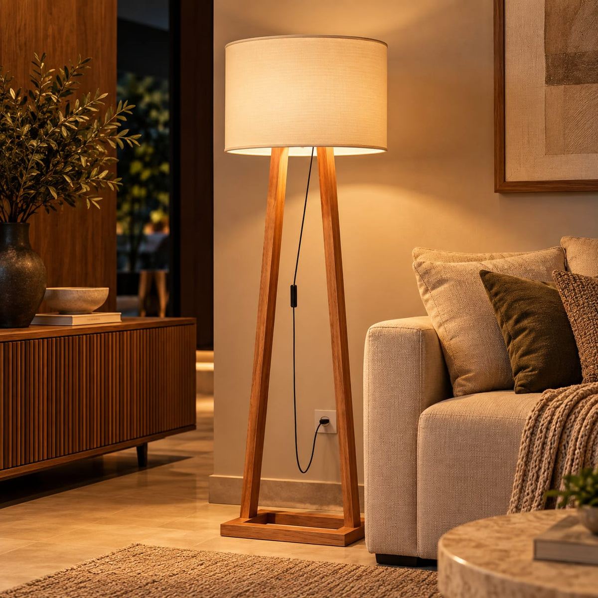 Luminária de Chão em Madeira com Cúpula Off White – Brivar Decor