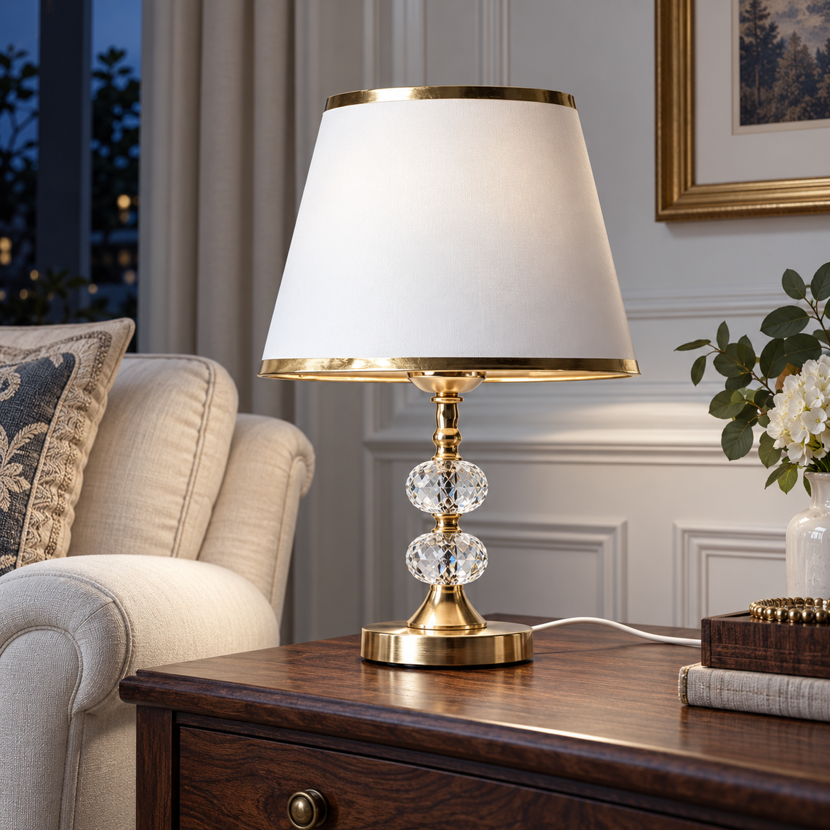 Abajur Dourado Touch com Cúpula Branca 34 cm em ambiente sofisticado com madeira à noite, imagem 2