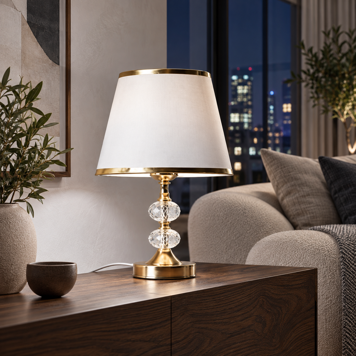 Abajur Dourado Touch com Cúpula Branca 34 cm em ambiente sofisticado com madeira à noite, imagem 4