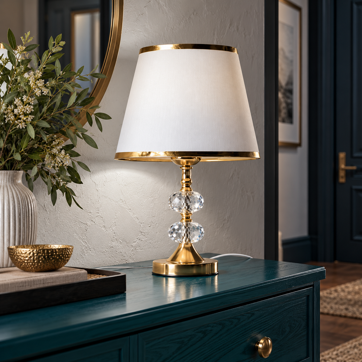Abajur Dourado Touch com Cúpula Branca 34 cm em ambiente sofisticado com madeira à noite, imagem 6