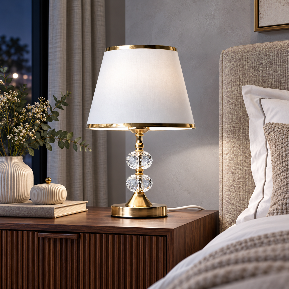 Abajur Dourado Touch com Cúpula Branca 34 cm em ambiente sofisticado com madeira à noite, imagem 7