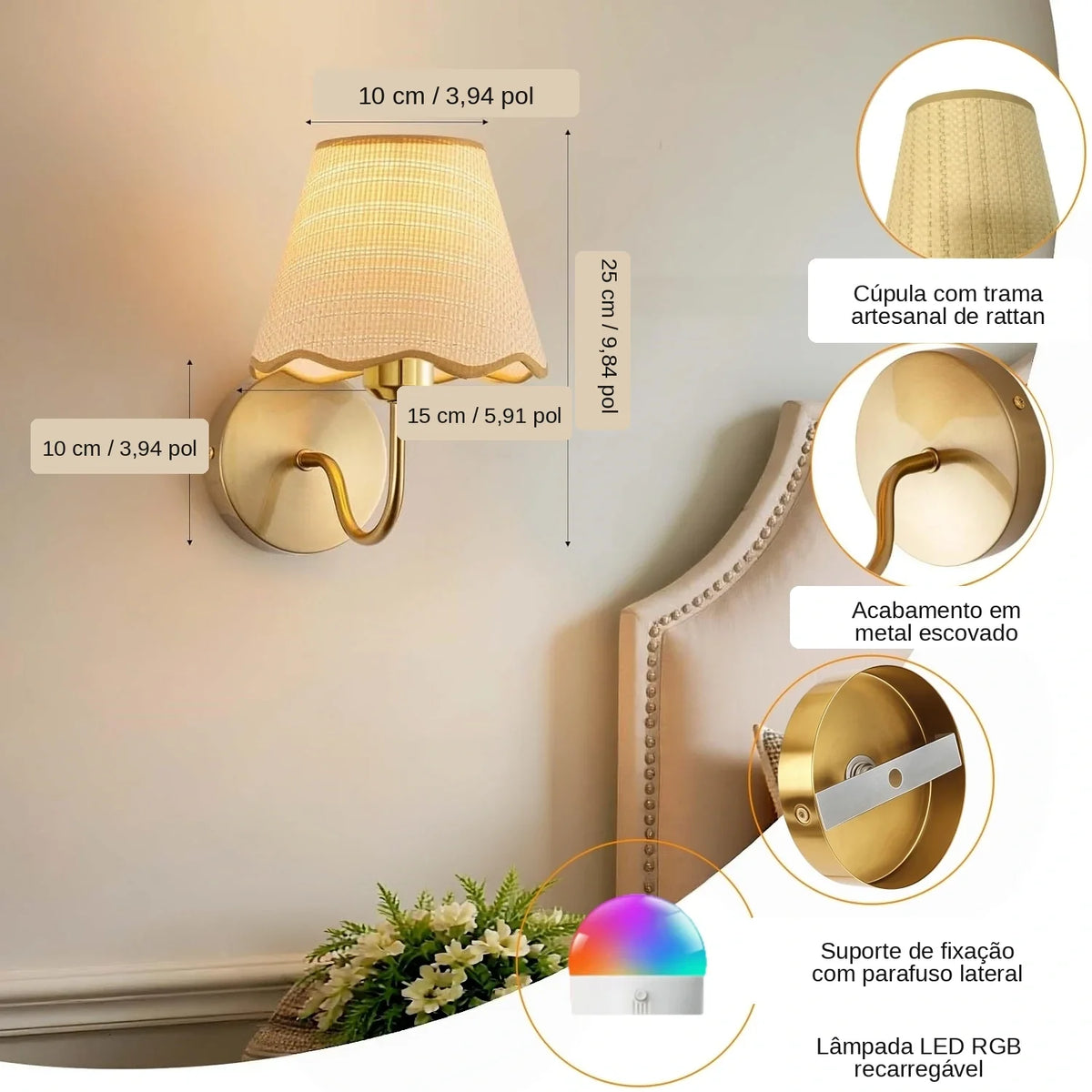Arandela de Parede LED Sem Fio em Rattan