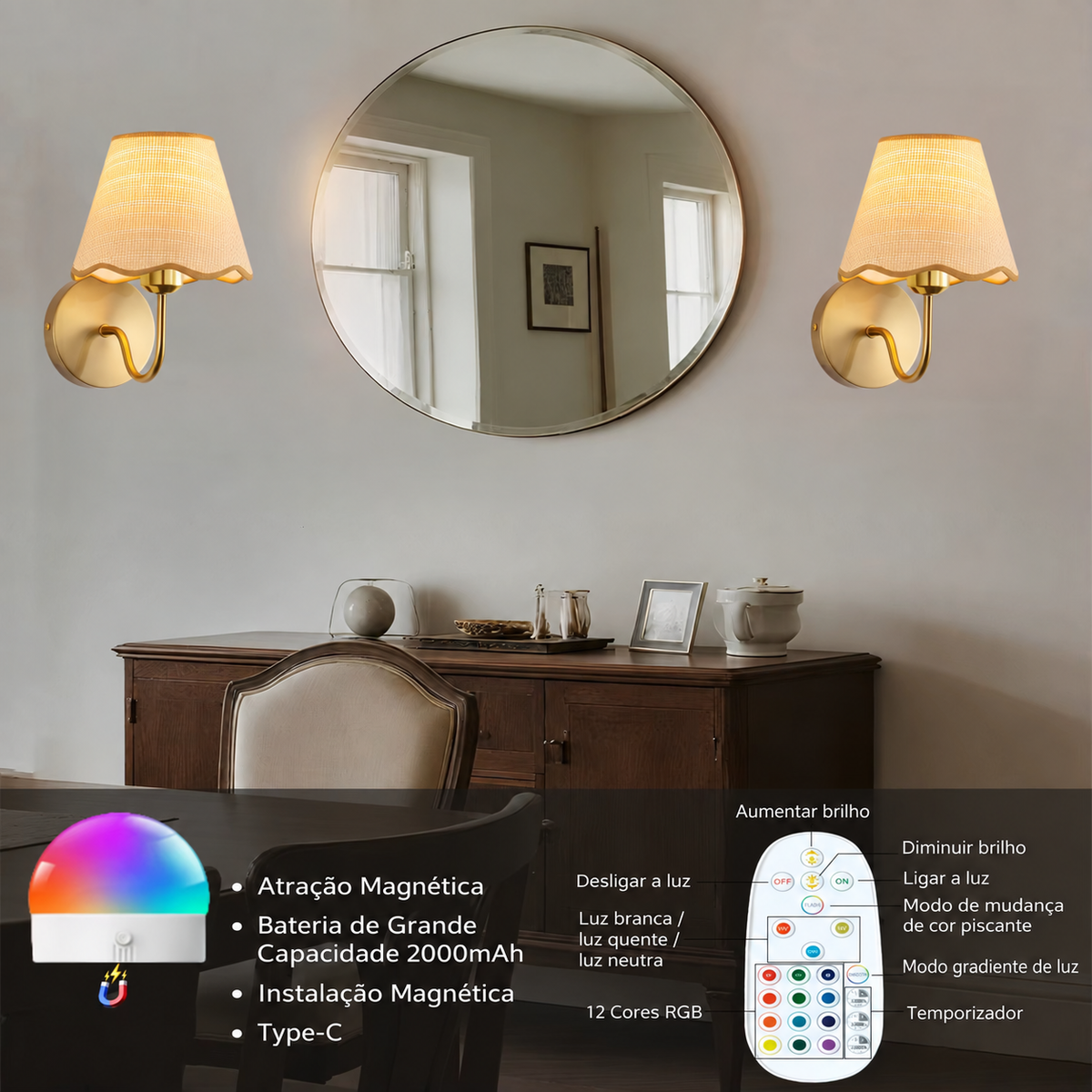 Arandela de Parede LED Sem Fio em Rattan