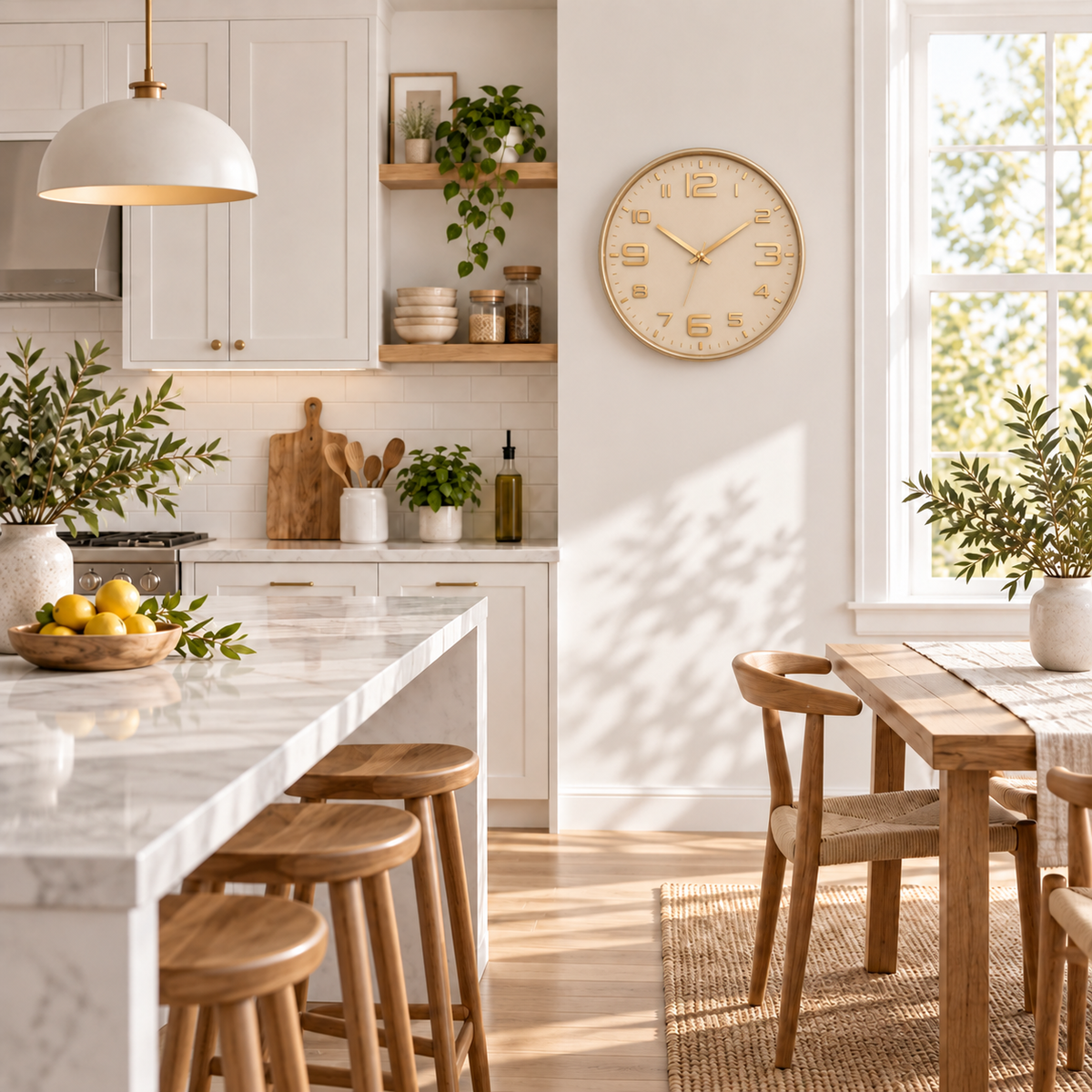 Relógio Aurum Champagne com Dourado em cozinha clara, visto de longe