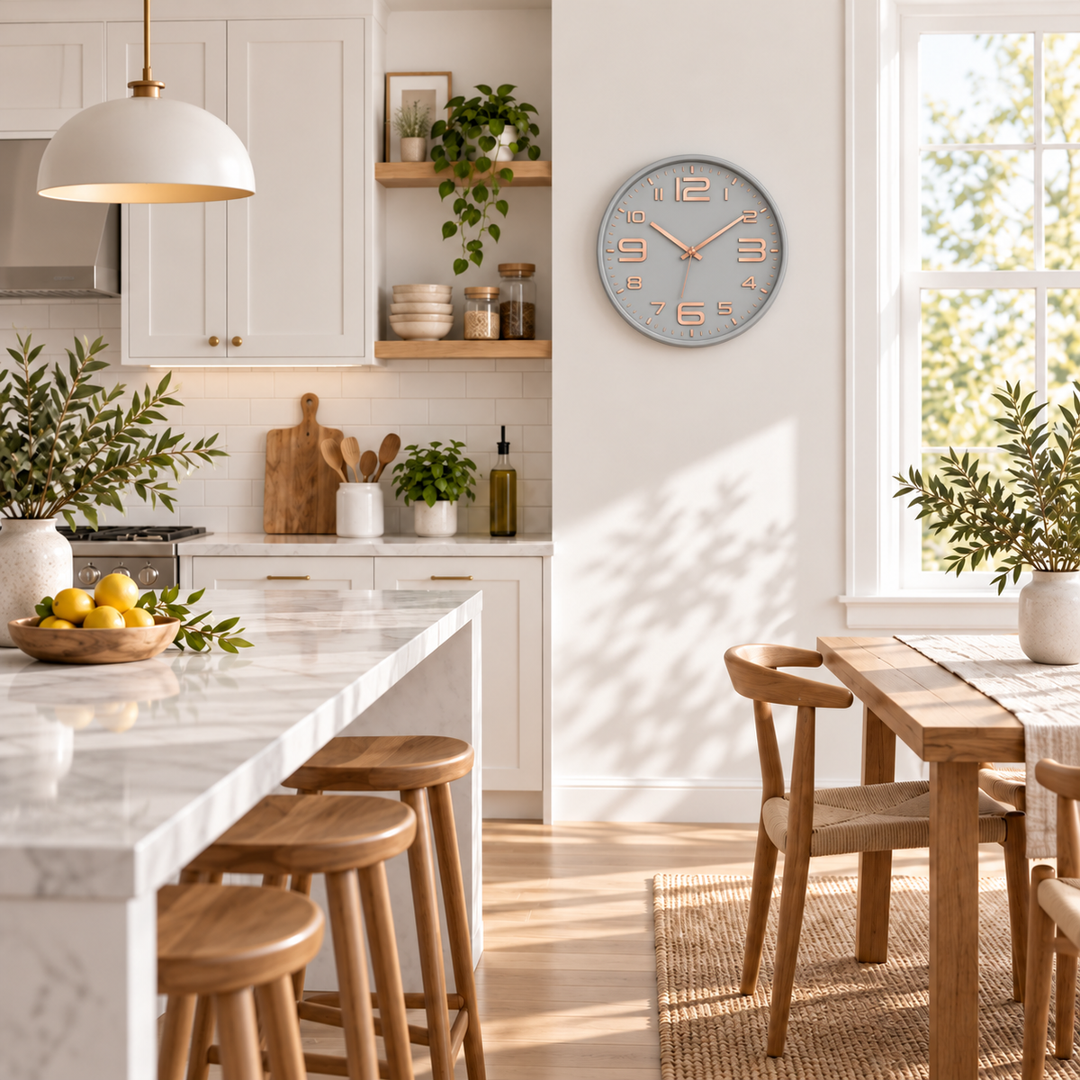 Relógio Aurum Cinza com Rosé em cozinha clara, visto de longe