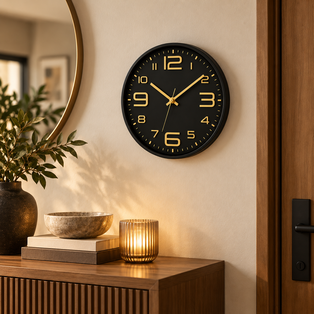 Relógio de Parede 30cm Aurum Silencioso Preto com Dourado em hall aconchegante
