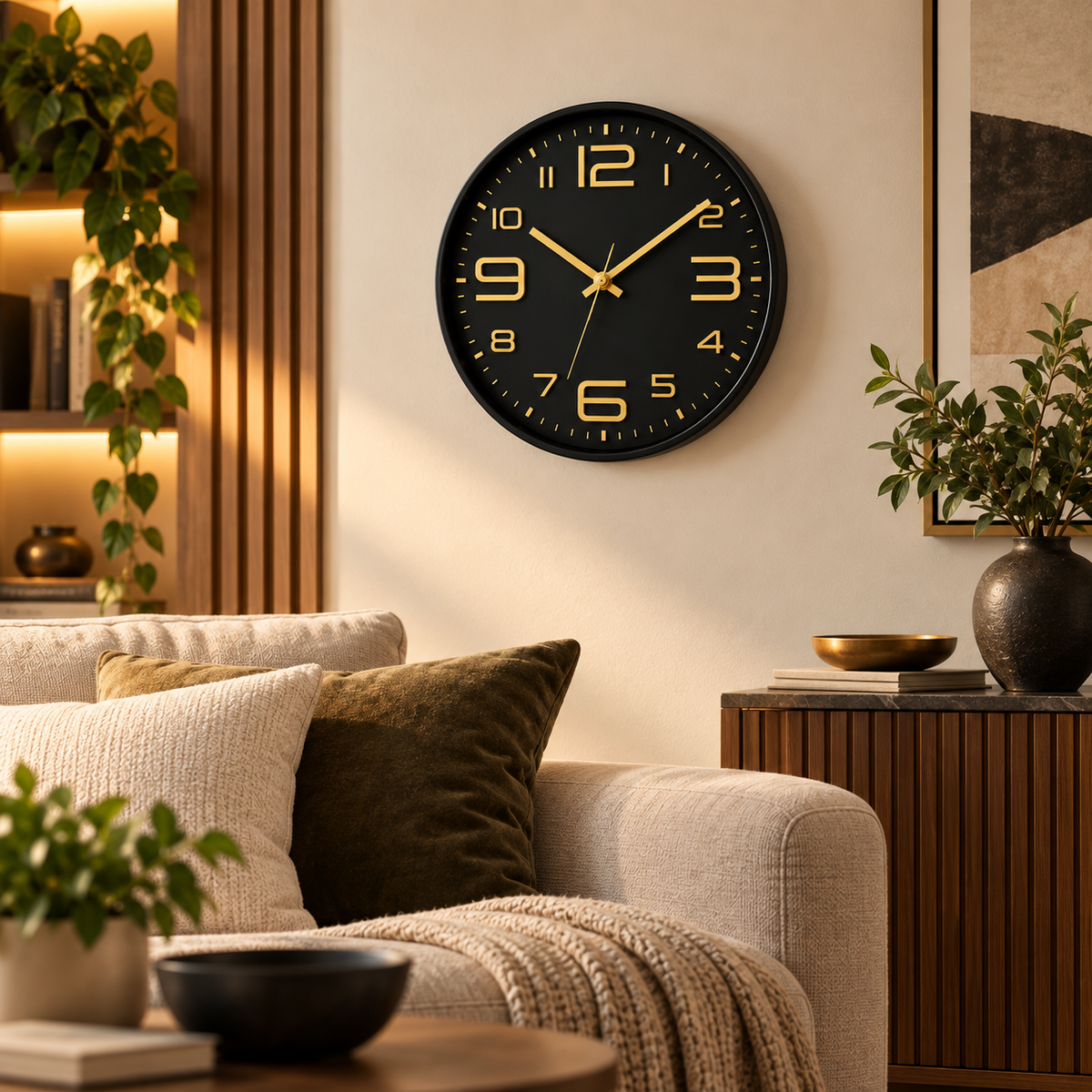Relógio de Parede 30cm Aurum Silencioso Preto com Dourado em sala aconchegante