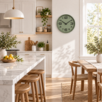 Relógio Aurum Verde com Preto em cozinha clara, visto de longe