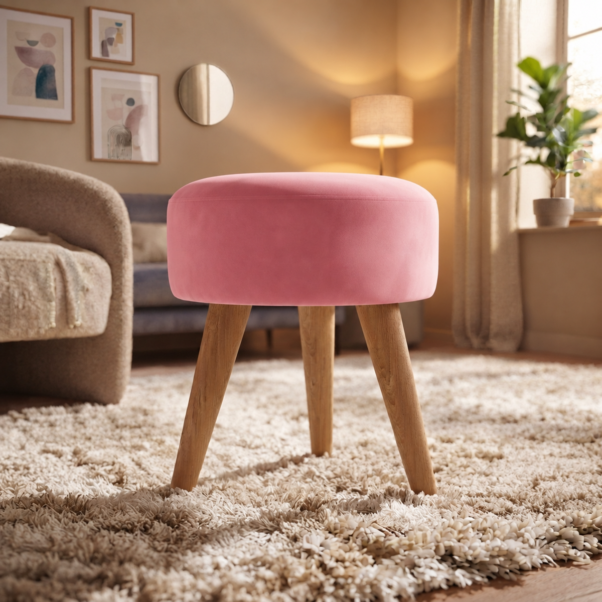 Banqueta Puff Decorativa rosé com pés palito
