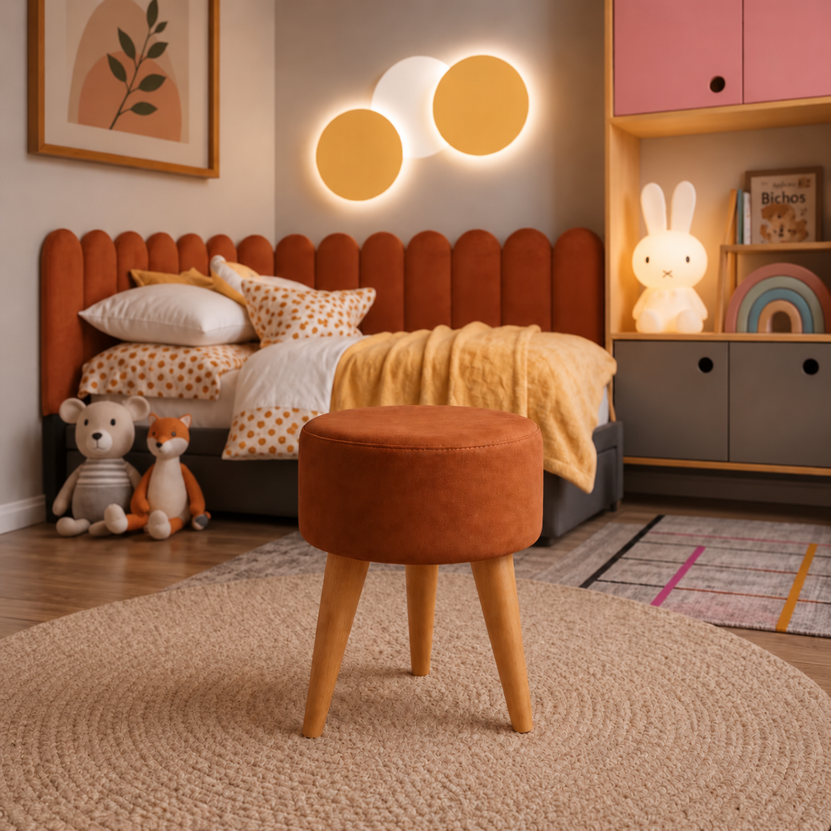 Banqueta Puff Decorativa terracota em quarto infantil