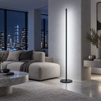 Luminária de Chão Barra Led Minimalista em sala contemporânea à noite com luz fria