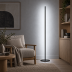 Luminária de Chão Barra Led Minimalista em canto de leitura Japandi à noite com luz fria