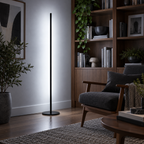 Luminária de Chão Barra Led Minimalista em biblioteca residencial à noite com luz fria