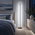 Luminária de Chão Barra Led Minimalista em quarto sofisticado à noite com luz fria