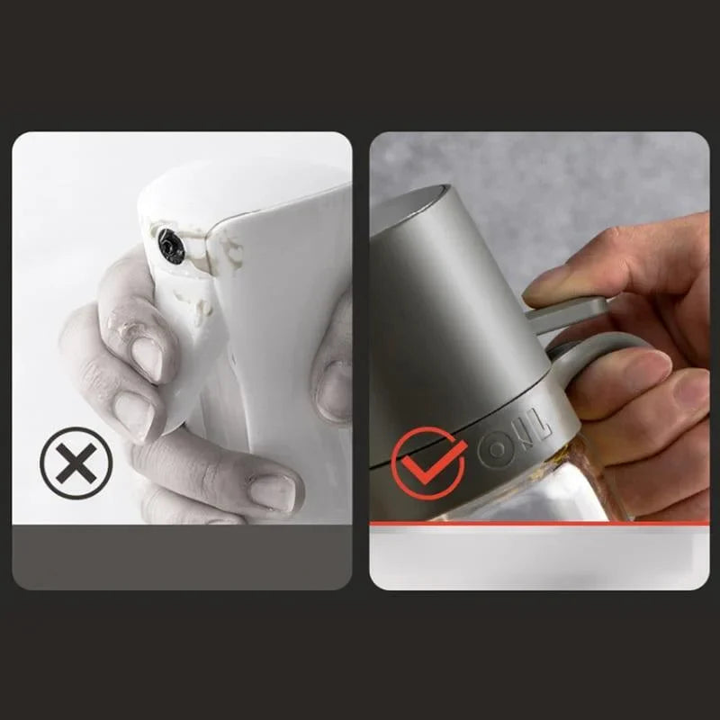 Comparação entre borrifador de azeite antigo danificado e moderno borrifador Lenogue com design ergonômico