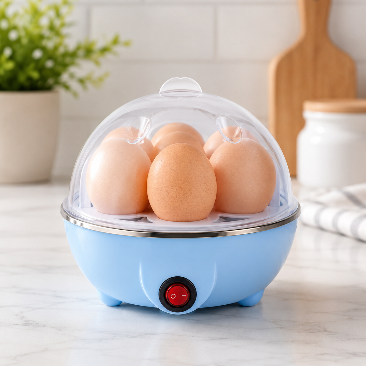 Cozedor elétrico de ovos azul em cozinha clara