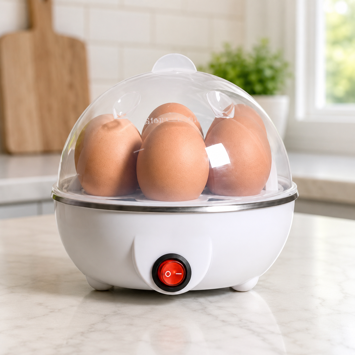 Cozedor elétrico de ovos branco em cozinha clara