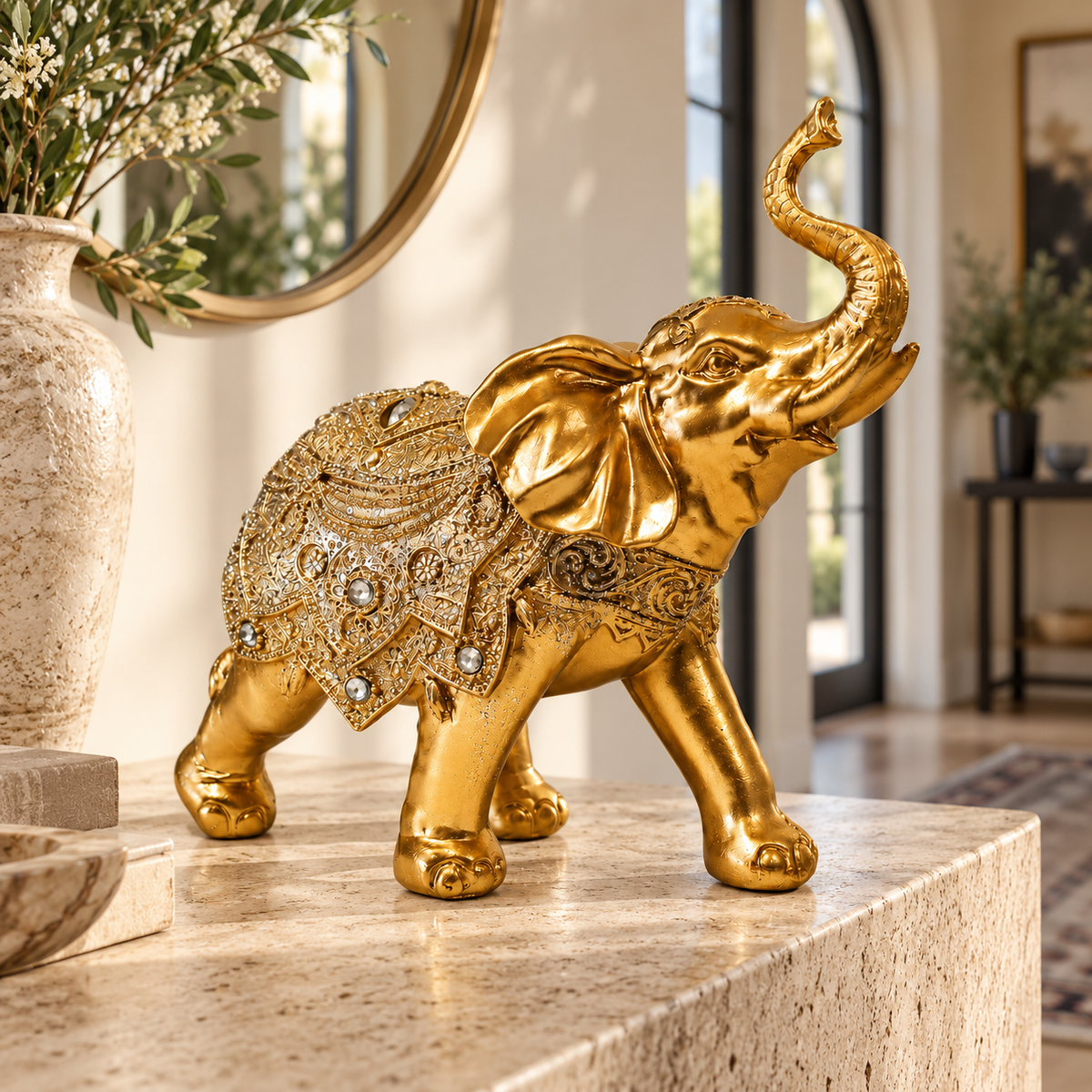 Elefante da Prosperidade dourado em ambiente sofisticado