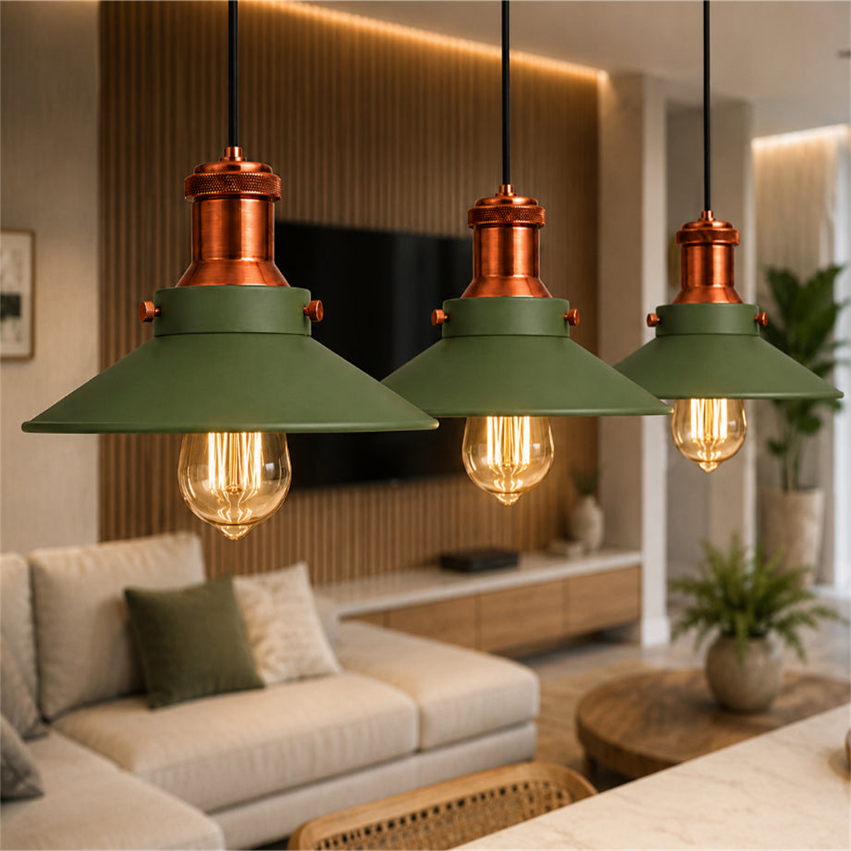 Kit 3 Pendentes Nordic verde com cobre 22 cm em ambiente - foto 3 padronizada