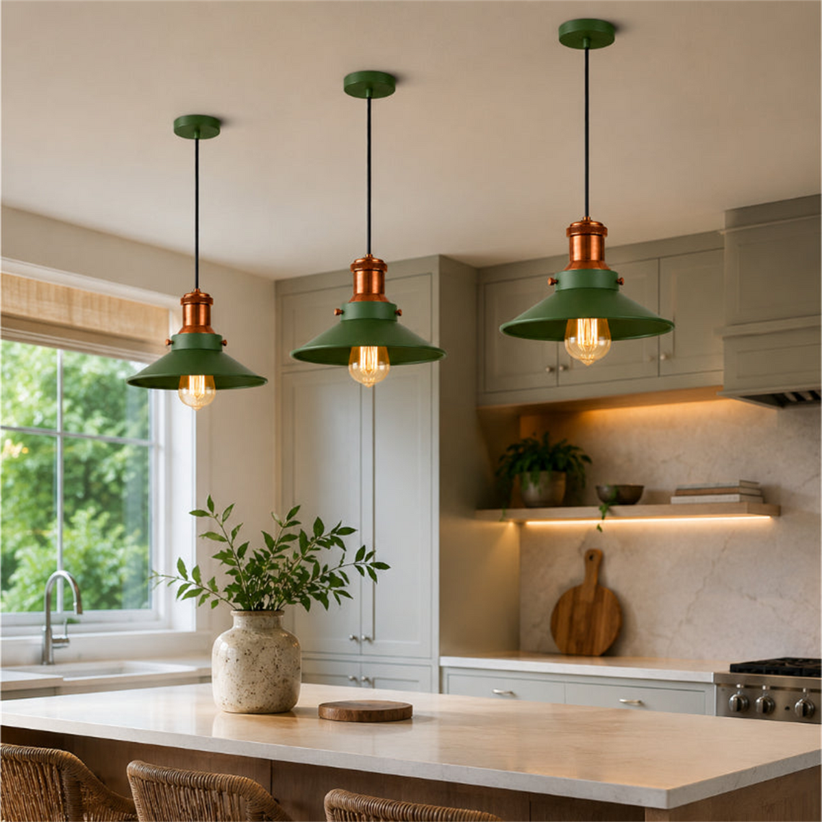 Kit 3 Pendentes Nordic verde com cobre 22 cm em ambiente - foto 4 padronizada
