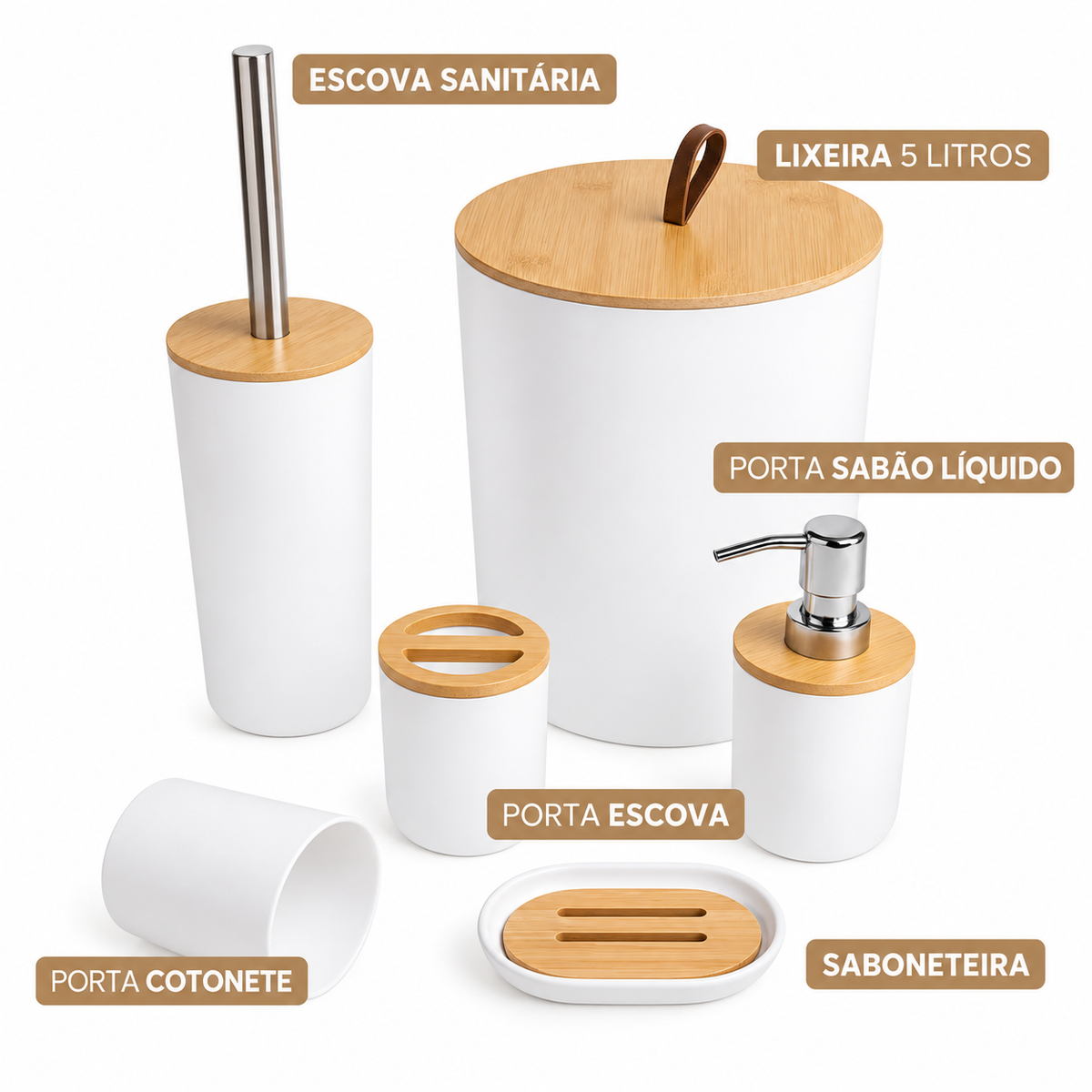 Kit para Banheiro e Lavabo com Bambu 6 Peças Branco – Brivar Casa e Decor – foto 01