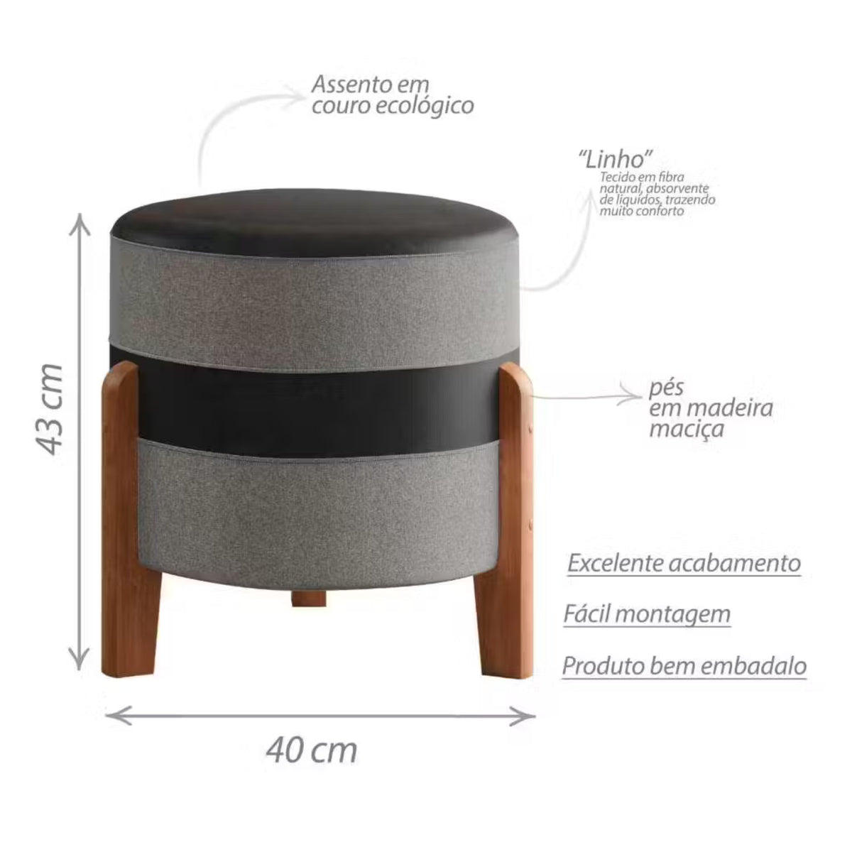 Kit 2 Puffs Orion com medidas e materiais
