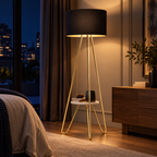 Luminária de chão industrial com prateleira, cúpula preta, em quarto à noite