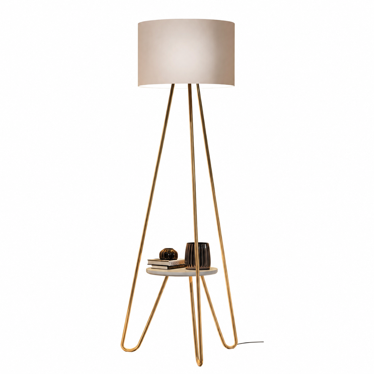 Luminária de chão industrial com prateleira e cúpula bege em fundo branco