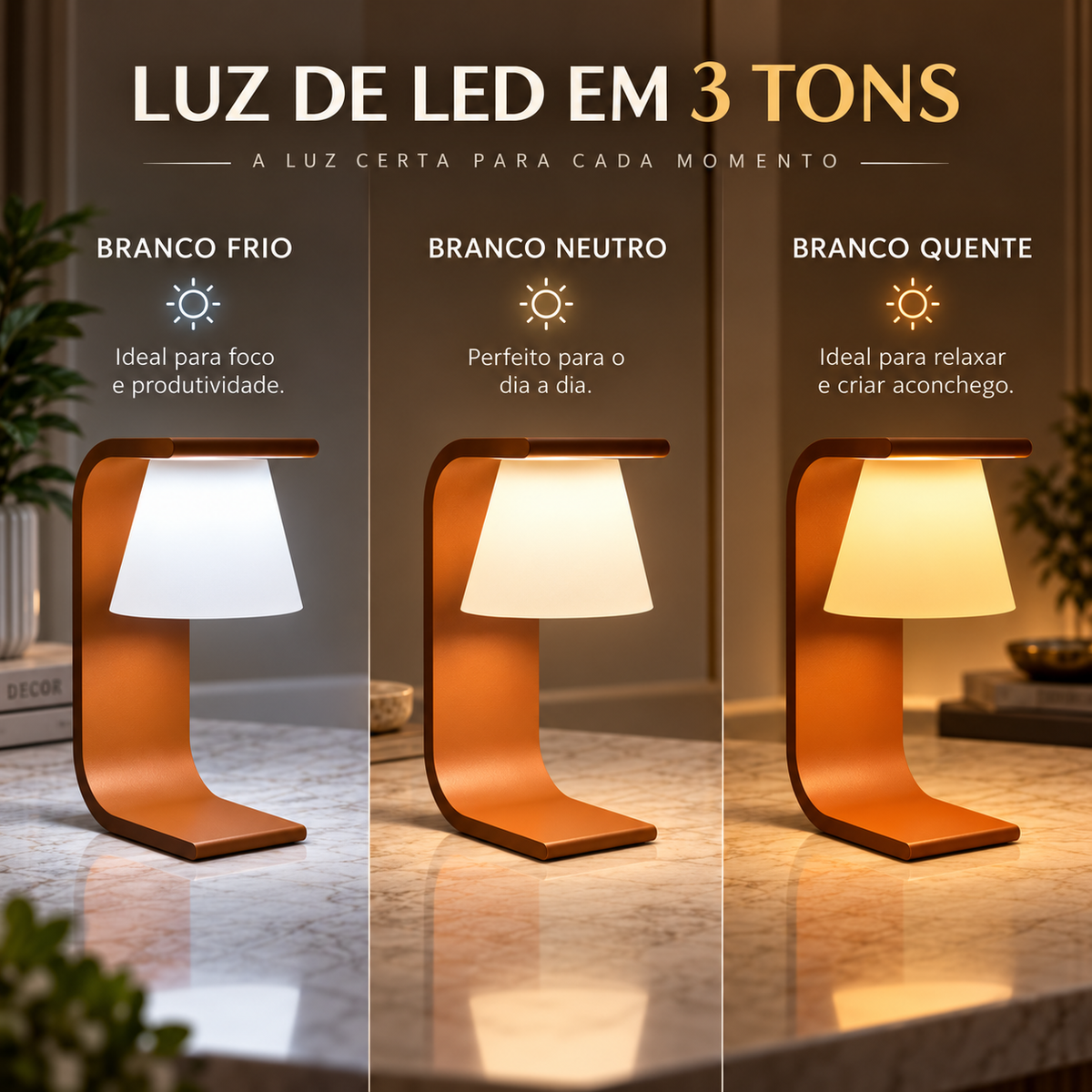 Infográfico da luminária LED com branco frio, branco neutro e branco quente