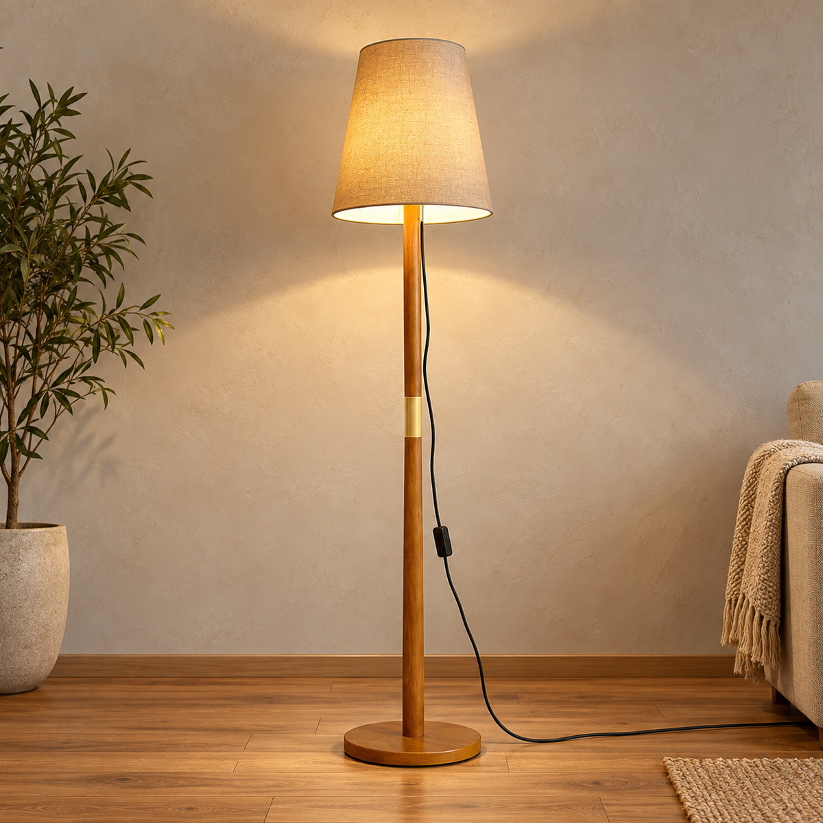 Luminária de chão Luxo com cúpula bege e detalhe dourado — vista completa