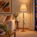 Luminária Luxo acesa à noite ao lado do sofá — detalhe dourado