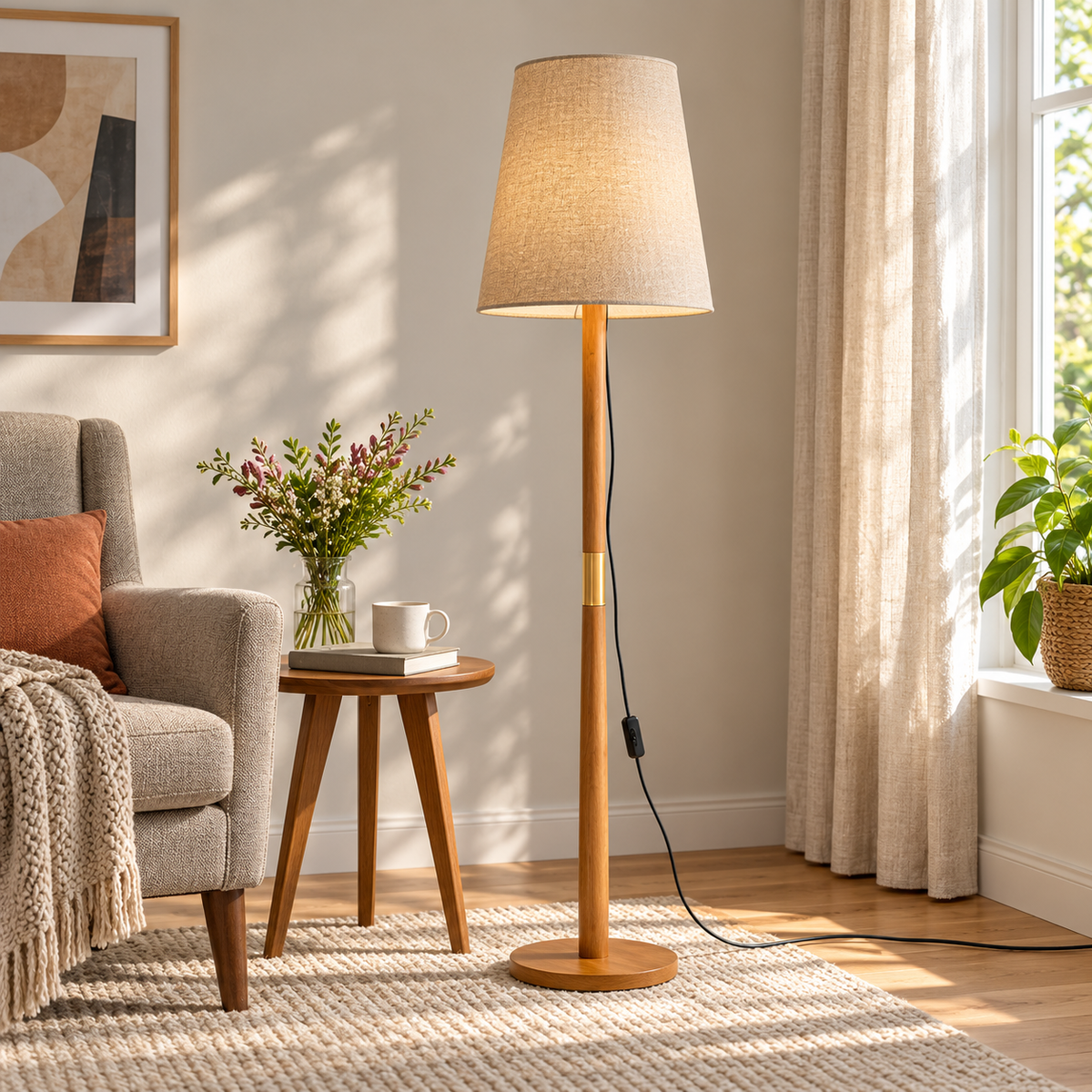 Luminária Luxo em canto de leitura com luz natural — detalhe dourado