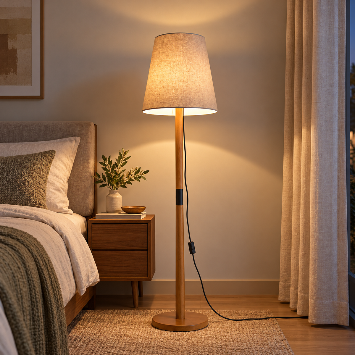 Luminária Luxo com acabamento preto acesa em quarto