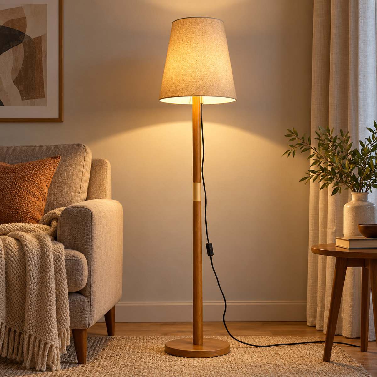 Luminária Luxo com acabamento dourado acesa em ambiente noturno