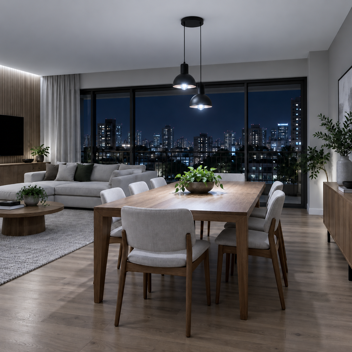 Lustre Pendente Joana Dupla Moderno com luz branca fria e escala proporcional ao ambiente, imagem 3