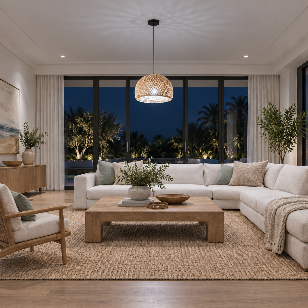 Lustre Pendente Malibu em Bambu Rústico Redondo com luz branca fria e escala proporcional ao ambiente, imagem 1