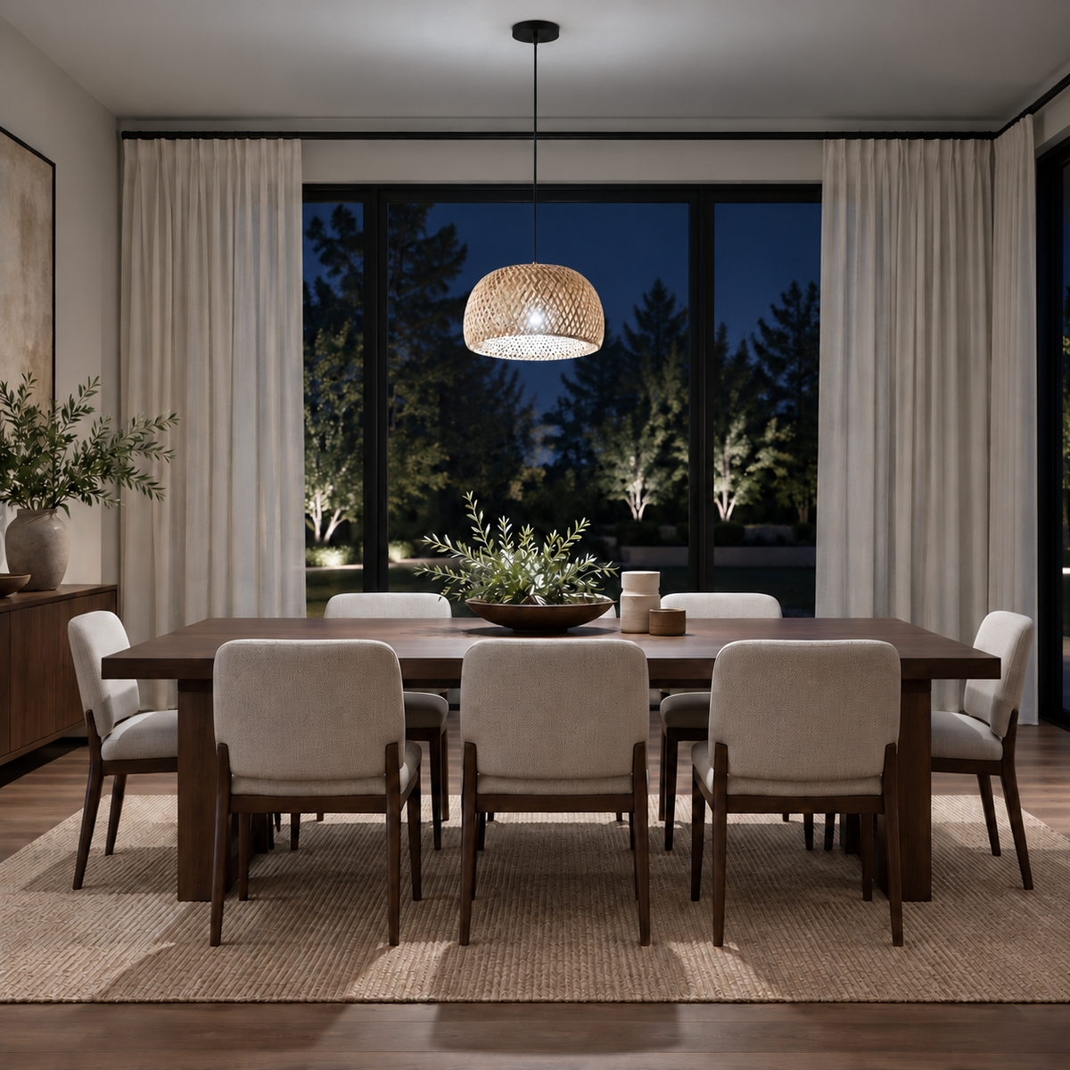 Lustre Pendente Malibu em Bambu Rústico Redondo com luz branca fria e escala proporcional ao ambiente, imagem 2