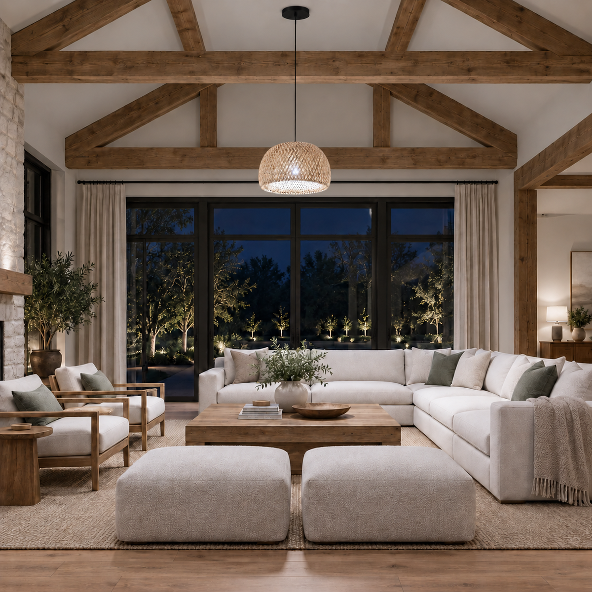 Lustre Pendente Malibu em Bambu Rústico Redondo com luz branca fria e escala proporcional ao ambiente, imagem 3