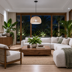Lustre Pendente Malibu em Bambu Rústico Redondo com luz branca fria e escala proporcional ao ambiente, imagem 4