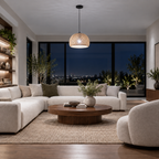 Lustre Pendente Malibu em Bambu Rústico Redondo com luz branca fria e escala proporcional ao ambiente, imagem 7
