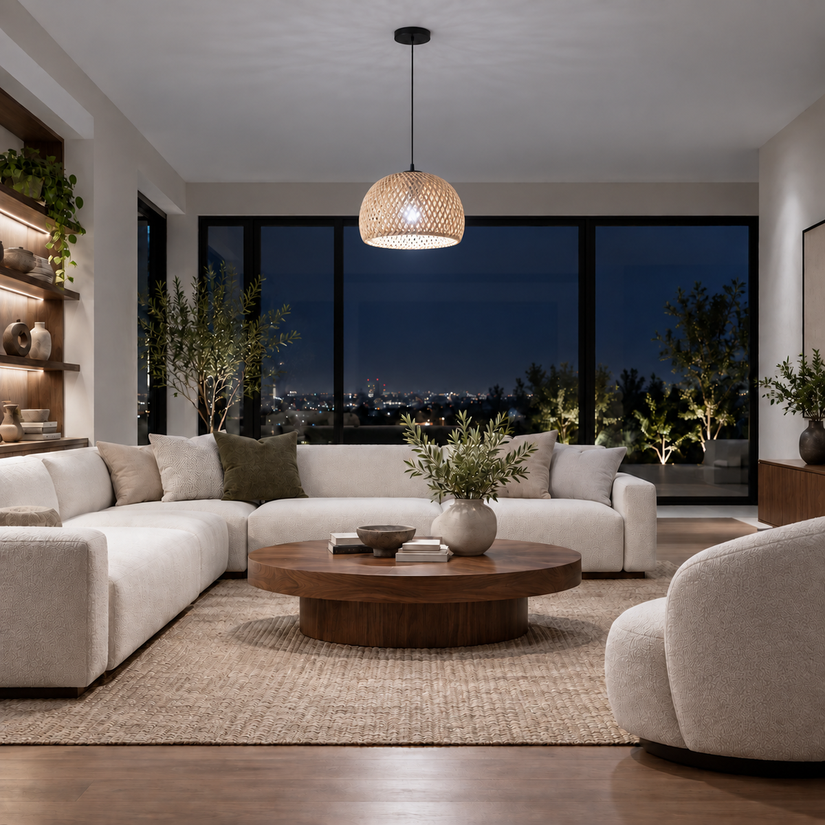 Lustre Pendente Malibu em Bambu Rústico Redondo com luz branca fria e escala proporcional ao ambiente, imagem 7