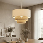 Lustre Pendente Triplo Boho em Palha Natural e Linho
