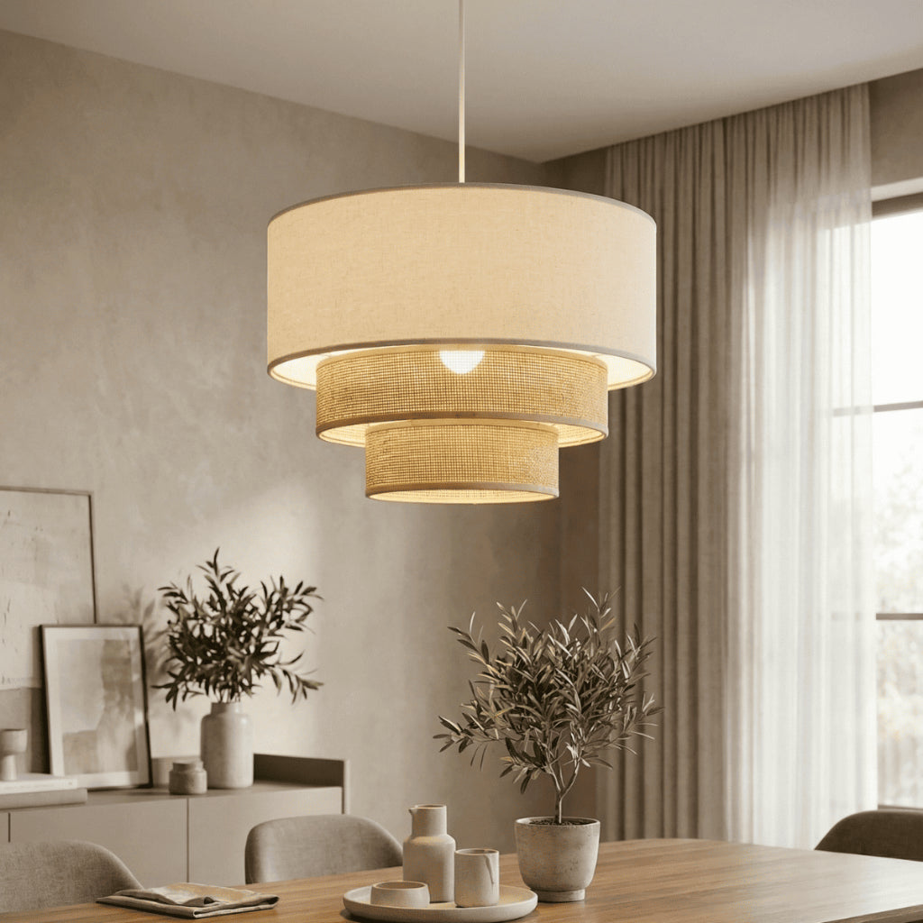 Lustre Pendente Triplo Boho em Palha Natural e Linho