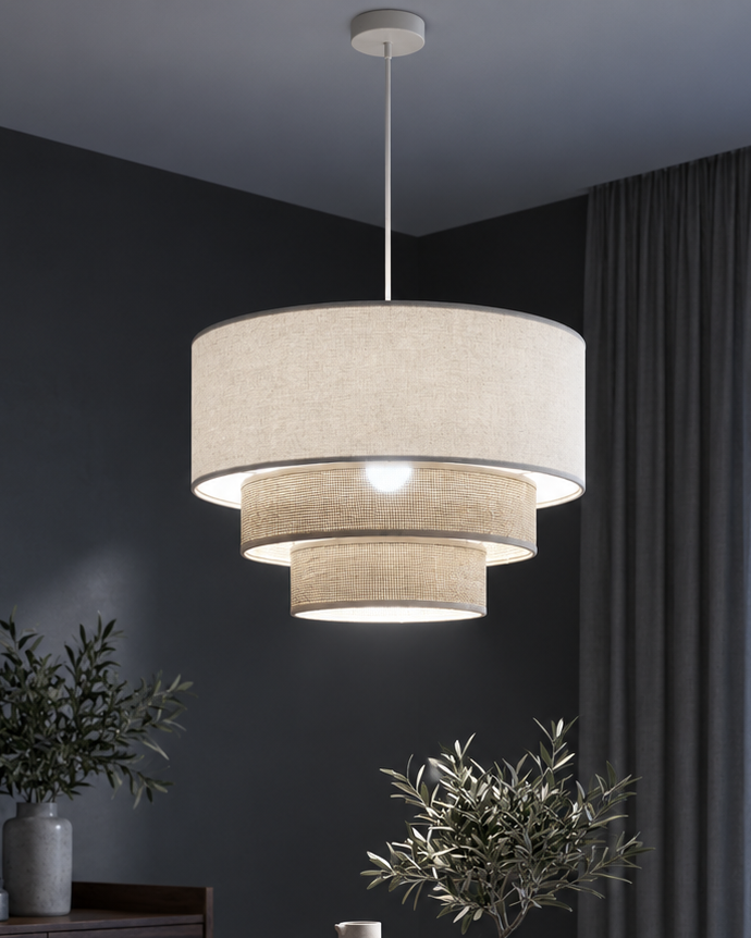 Lustre Pendente Triplo Boho em Palha Natural e Linho